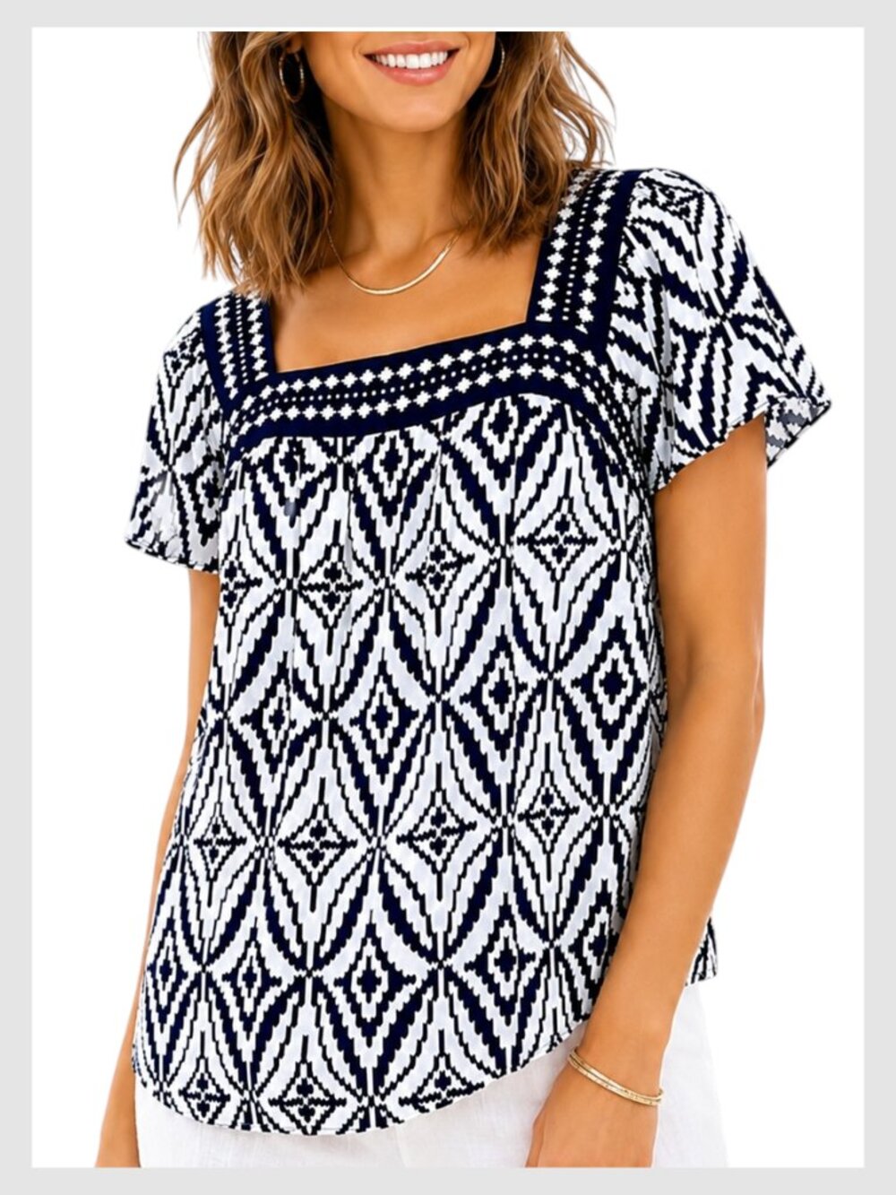 Milly Blouse Navy White Square Neck Geometric Print Size 6 M
